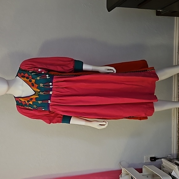 VTG OPUS 1 1970s Mexican Pink Patchwork Horn Beaded Fringe Boho Festival Dress - Picture 3 of 16